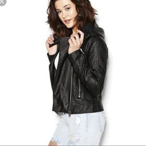 Black leather jacket with hood